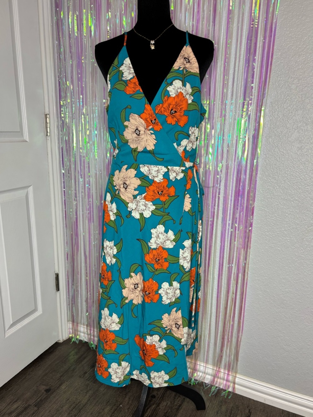 Anthropologie Lumiere Teal Floral Midi Wrap Dress W/ Orange & Cream Blooms Sz L